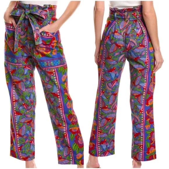 FARM RIO Floral & Macaw Print Paperbag Belted Cotton Pants Sz M Tropical Resort - Picture 1 of 15